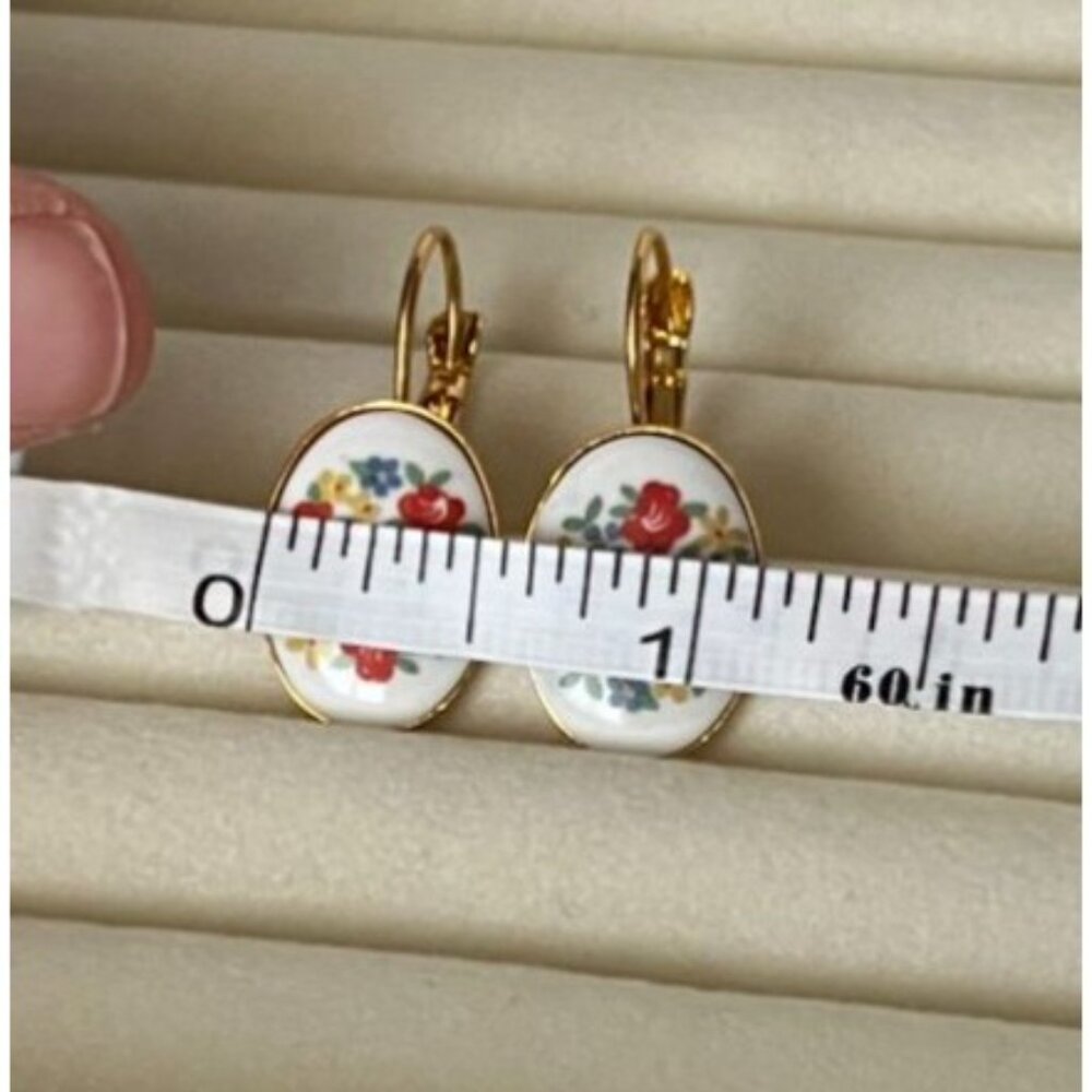 Floral Porcelain Drop Earrings Gold Tone Leverback Dangle Oval - Picture 6 of 7